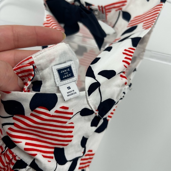 Janie and Jack Red White Blue Floral Stripe  Print Peplum Top Open Back Bow 5 - Picture 4 of 7